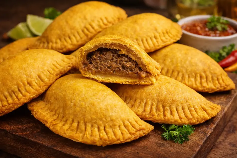 Patis dorados, uno abierto que deja ver el relleno de carne, con limón y salsa.
